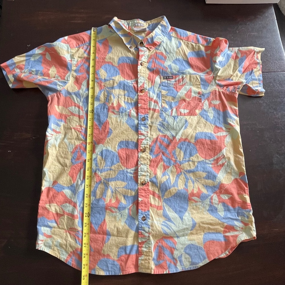 Columbia Mens Large Short Sleeve Tropical Leaf Button Down‎ Shirt Orange - Picture 6 of 7
